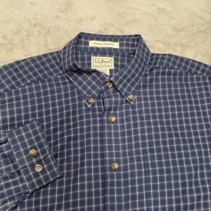 LL Bean Mens Sz L Tall Button Down Shirt Wrinkle Resistant Blue Gold Check Plaid